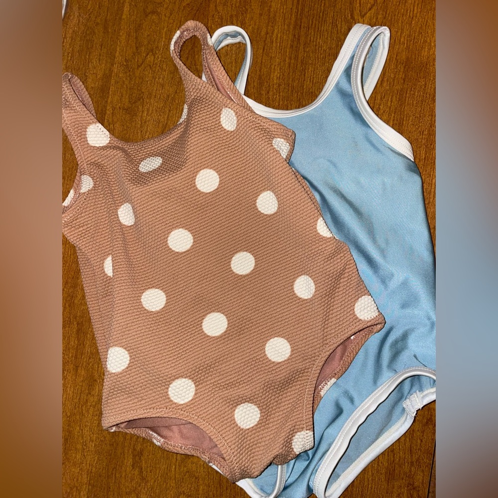 Two toddler baby girl new swimsuits tan blue dots bathing suits